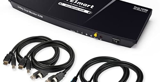 TESmart KVM Switch 2 Monitors 2 Computers, HDMI 2 Port Dual Monitor KVM, UHD 4K@60Hz RGB 4:4:4, USB 2.0 Hub, Stereo Audio, Hotkey, Button Switching, PC Keyboard Mouse Switcher Box with Cables
