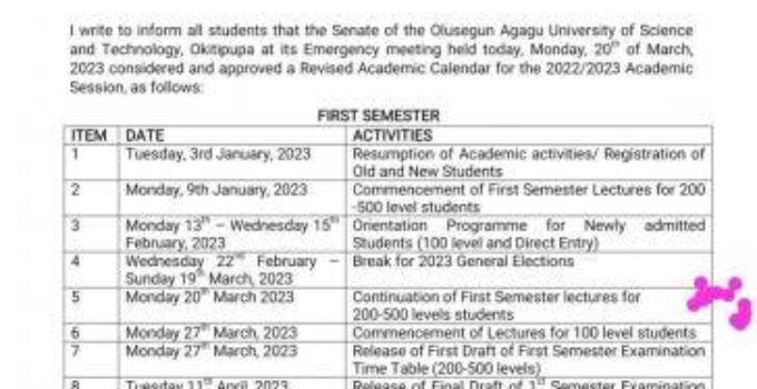 OAUSTECH modified Academic Calendar 2022/2023 Academic session