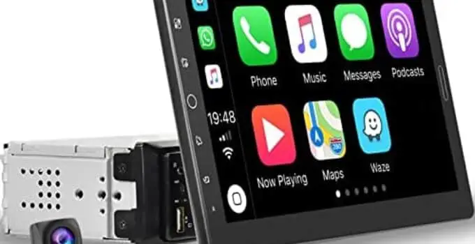 NHOPEEW Single Din Apple Carplay Radio: 10.1 inch IPS Touchscreen Car Stereo with Bluetooth and AHD Backup Camera + Microphone/Android Auto/Dual USB/Mirror Link