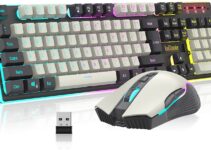 RedThunder K10 Wireless Gaming Keyboard and Mouse Combo, LED Backlit Rechargeable 3800mAh Battery, Mechanical Feel Anti-ghosting Keyboard + 7D 3200DPI Mice for PC Gamer (White-Gray)