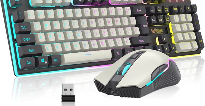 RedThunder K10 Wireless Gaming Keyboard and Mouse Combo, LED Backlit Rechargeable 3800mAh Battery, Mechanical Feel Anti-ghosting Keyboard + 7D 3200DPI Mice for PC Gamer (White-Gray)