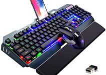 Wireless Keyboard and Mouse Combo,Rainbow Backlit Gaming Keyboard with Memory Foam Keyboard Wrist Rest,Rechargeable 3800 mAh Battery,Metal Panel,Mechanical Feel,Ergonomic,Gaming Mouse for PC Gamers