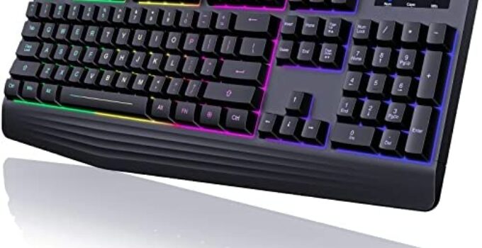 yesbeaut Gaming Keyboard, 7-Color Rainbow LED Backlit, 104 Keys Quiet Light Up Keyboard, Wrist Rest, Multimedia Keys, Whisper Silent, Anti-ghosting Keys, Waterproof USB Wired Keyboard for PC Mac Xbox