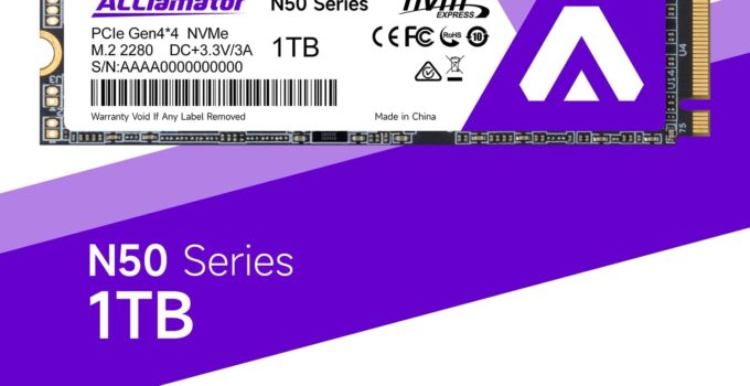 Acclamator 1TB PCIe 4×4 NVMe Solid State Drive Compatible with PS5 Read 5000 MB/s Write 4500 MB/s M.2 2280 3D NAND TLC N50