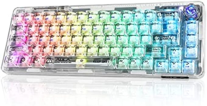 CC MALL 60% Portable Transparent Gasket Mechanical Gaming Keyboard,RGB Backlit Compact 68 Clear Keycaps,Include 2.4Ghz/Bluetooth/USB-C Connections,Ice Crystal Switch(White)