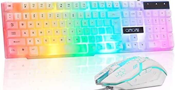 CHONCHOW LED Keyboard and Mouse Combo, 104 Keys Rainbow Backlit Keyboard and 7 Color RGB Mouse, White Gaming Keyboard and Mouse Combo for PC Laptop Xbox PS4 Gamers and Work