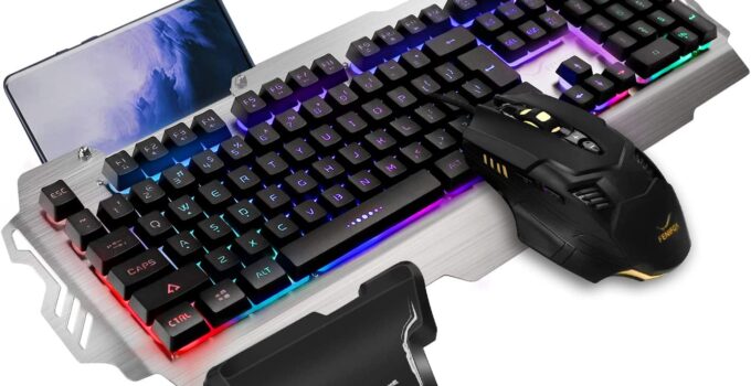 FENIFOX Gaming Keyboard and Mouse, Wired Backlit Rainbow Ergonomic Mechanical Feeling Led Removable Hand Rest Metal Panel,for Windows PC Gamer PS4 Xbox one