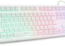 HUO JI White Gaming Keyboard USB Wired with Rainbow LED Backlit, Quiet Floating Keys, Mechanical Feeling, Spill Resistant, Ergonomic for Xbox, PS Series, Desktop, Computer, PC