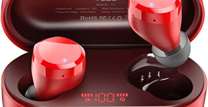 TOZO T12 Wireless Earbuds Bluetooth Headphones Premium Fidelity Sound Quality Wireless Charging Case Digital LED Intelligence Display IPX8 Waterproof Earphones Built-in Mic Headset for Sport Red