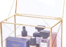 Utopz Decorative Clear Glass Box with Golden Geometric Line & Brass Shadow Box, Jewelry Display Treasure Case, 8 × 4.5 x 5 inch