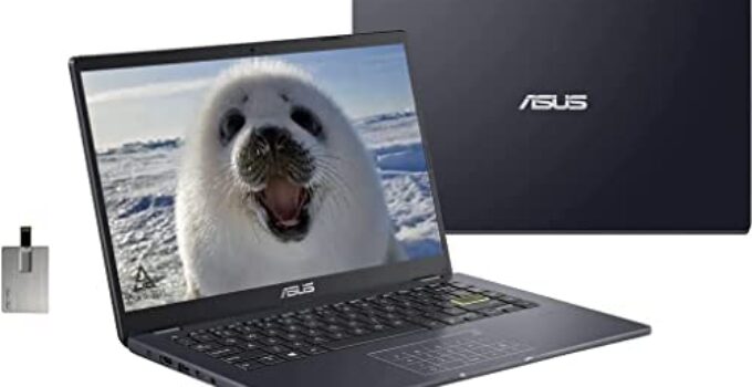Asus 2022 14” HD Laptop, Intel Celeron N4020 Processor, 4GB RAM, 64GB eMMC Flash Memory, Graphics 500, Webcam, Stereo Speakers, Black, Windows 11S, 32GB Snowbell USB Card