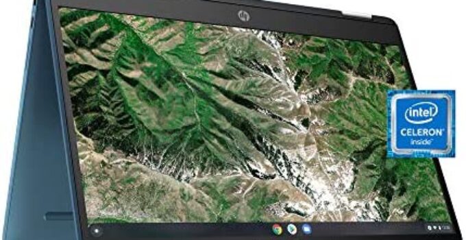 HP Laptop X360 14a Chromebook 14″ HD Touchscreen, Entertaining from Any Angle Intel Celeron, 4GB DDR4 64GB eMMC WiFi Webcam Stereo Speakers Bluetooth 4.2 Chrome Blue Metallic Color