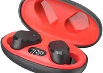 NVAHVA True Wireless Invisible Earbuds, Headphones with Microphone for iPhone Android, USB-C Charge, IPX5 Waterproof, Touch Control, Small Bluetooth Ear Buds for Commute Sports Sleep (Black-red)