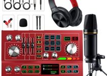 Podcast Equipment Bundle ALL-IN-ONE Audio Interface DJ Mixer High-End Grade 48V Phantom Power Supply Microphone System with Rechargeable, Red