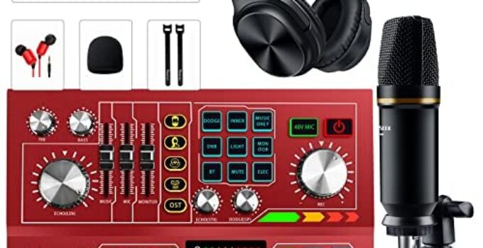 Podcast Equipment Bundle ALL-IN-ONE Audio Interface DJ Mixer High-End Grade 48V Phantom Power Supply Microphone System with Rechargeable, Red