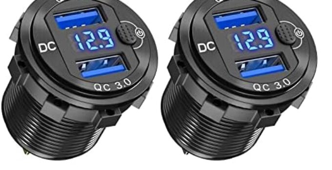 12V USB Outlet 2 Pack, Dual Quick Charge 3.0 12V Socket USB Charger with LED Voltmeter and Power Switch, Waterproof Aluminum Car Charger Adapter for RV Marine Motorcycle Truck Golf Cart RV etc.