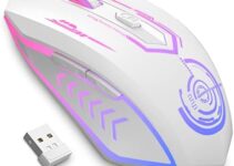 UHURU Gaming Mouse, Wireless Gaming Mouse with 6 Buttons 7 Changeable LED Color up to 10000 DPI, Rechargeable USB Gamer Mouse for PC Laptop (White)