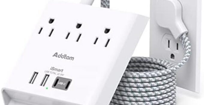 Flat Extension Cord, Power Strip with 2 USB C – Addtam Ultra Thin Plug Extension Cord with 3 Outlets 4 USB, Desk Charging Station No Surge Protector for Travel, Cruise Ship and Dorm Room Essentials