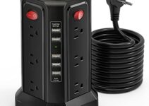 Long Surge Protector Power Strip 16 FT Cord, PASSUS Power Strip Tower with 5 USB Ports Flat Plug Extension Cord with Multiple Outlets Desktop Charging Station Office Supplies Accessories Black
