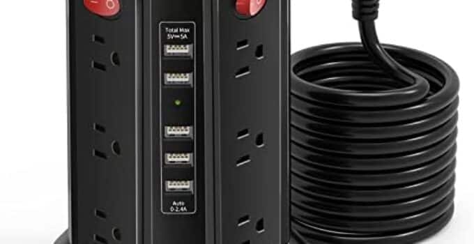 Long Surge Protector Power Strip 16 FT Cord, PASSUS Power Strip Tower with 5 USB Ports Flat Plug Extension Cord with Multiple Outlets Desktop Charging Station Office Supplies Accessories Black