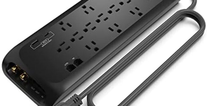 Monster 6ft Black Power Strip and Tower Surge Protector, Heavy Duty Protection with 4050 Joule Rating, 12 120V-Outlets, 1 USB-A, and1 USB-C Ports – Ideal for Computers, Home Theatre, Home Appliances