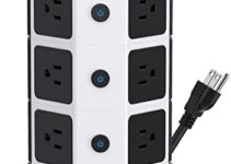 Power Strip Tower Surge Protector, JACKYLED 1625W 13A Outlet Surge Electric Tower, 12 Outlets 6 USB Ports Retractable Cord Charging Station with 16AWG 6.5ft Heavy Duty Extension Cord for Home Office
