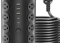 Power Strip Tower with 16 Outlets and 5 USB Ports (2 USB-C), TenTrend 1875W 2000J Surge Protector with 6 FT Extention Cord, Multi Outlet Tower for Home Office Desk, Dorm Room Essentials