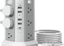 Surge Protector Power Strip Tower with USB C Port(PD18W),10FT Extension Cord with 12 AC Outlets 5 USB Charging Ports, PASSUS for Home Office DormRoom