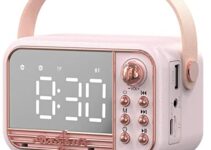 Anliato Retro Bluetooth Speaker, Vintage Portable Wireless Bluetooth Speakers with Alarm Clock Loud Volume Bluetooth 5.0 Support TF Card U Disk AUX Old Style for Kitchen Bedroom Home Outdoor (Pink)
