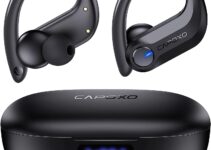 CAPOXO Bluetooth Headphones Wireless Earbuds 120Hrs Playtime IPX7 Waterproof Sports Earphones 2600mAh Wireless Charging Case Headset with Over-Ear Earhooks LED Power Display Mics for Workout Black