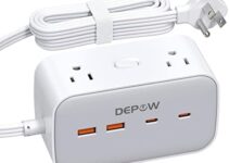 DEPOW Flat Plug Power Strip, 6 Ft Ultra Thin Flat Extension Cord, Surge Protector with 8 Outlets (1875W/15A) & 4 USB Ports (2 USB-C), 1700 Joules, Desktop Charging Station, Compact for Home Office