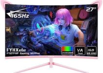 FYHXele FY27FHP Pink Monitor 27 Inch Curved Gaming 165Hz – Support 144Hz 1800R 1ms 1920x1080P VA Screen, Built-in Speakers, AMD Free-Sync, HDMI, DP, USB, AUX, Tilt Adjustable