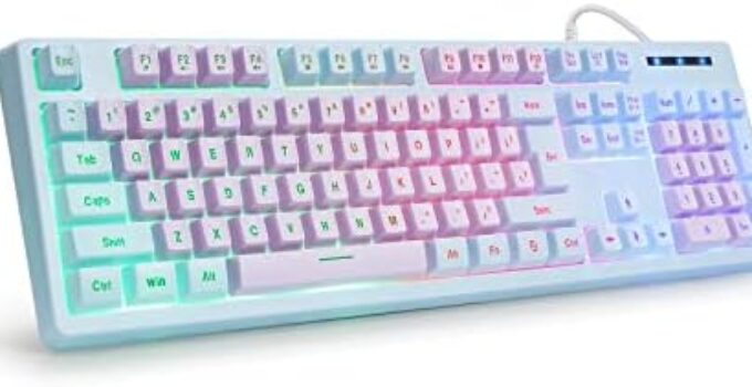 HUO JI Gaming Keyboard USB Wired with Rainbow LED Backlit, Quiet Floating Keys, Mechanical Feeling, Spill Resistant, Ergonomic for Xbox, PS Series, Desktop, Computer, PC, Purple Blue
