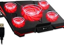 KLIM Cyclone Laptop Cooling Pad with 5 Quiet Fans – New 2023 – Gaming Laptop Cooling Pad – Stable Laptop Stand with Fan – Compatible up to 17″- 5 Year Warranty – PC Mac PS5 PS4 Xbox One – Black Red