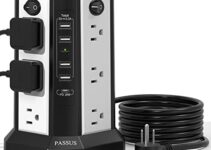 PASSUS Surge Protector Tower with USB C(PD18W) Port,Power Strip Tower with 4 USB A Ports, Flat Plug 10FT Extension Cord with 12 AC Multiple Outlets,1800J Surge Protection for Home Office DormRoom