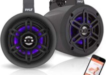 Pyle Waterproof Marine Wakeboard Tower Speakers – 4 Inch Dual Subwoofer Speaker Set w/LED Lights & Bluetooth for Wireless Music Streaming – Boat Audio System w/Mounting Clamps PLMRLEWB47BB