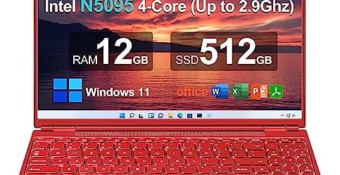 Ruzava/Aocwei 16″ Laptop 12+512GB Celeron Intel N5095 (Up to 2.9Ghz) 4-Core Windows 11 PC with Cooling Fan 1920 * 1200 2K Screen Dual WiFi Support 2.5″ HDD 1TB SSD Expand for Game Work Study-Red