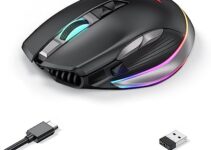 TECURS Wireless Gaming Mouse, 12000 DPI Wired and Wireless Dual Modes Rechargeable RGB Gaming Mouse with Fire Key, 8 Programmable Buttons for PC/Mac