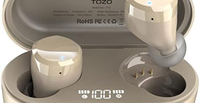 TOZO T12 Wireless Earbuds Bluetooth Headphones Premium Fidelity Sound Quality Wireless Charging Case Digital LED Intelligence Display IPX8 Waterproof Earphones Built-in Mic Headset for Sport Champagne
