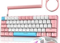 ZIYOU LANG RK-T60 Wired Mechanical Gaming Keyboard and Mouse Combo Mini Portable with Rainbow Backlit 62Key NKRO 6400DPI RGB Honeycomb Mice Coiled Aviator Cable for PS4/PC/WIN Gamer(Pink/Blue Switch)