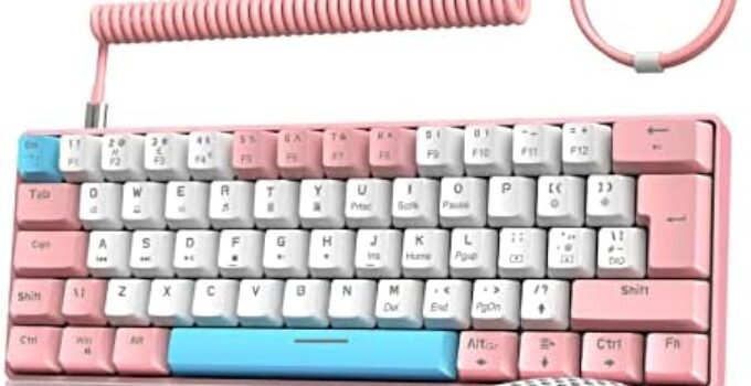 ZIYOU LANG RK-T60 Wired Mechanical Gaming Keyboard and Mouse Combo Mini Portable with Rainbow Backlit 62Key NKRO 6400DPI RGB Honeycomb Mice Coiled Aviator Cable for PS4/PC/WIN Gamer(Pink/Blue Switch)