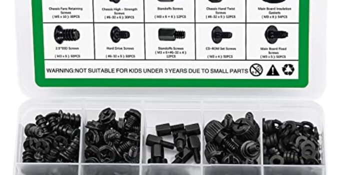 350PCS Computer Screws Assortment Kit, 6-32 Male to M3 Female Black Carbon Steel Motherboard Standoffs Screws for 2.5”SSD Hard Drive Fan Power Graphics Motherboard Chassis CD-ROM Computer ATX Case