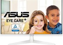 ASUS VY249HE-W 23.8” 1080P Monitor – White, Full HD, 75Hz, IPS, Adaptive-Sync/FreeSync, Eye Care Plus, Color Augmentation, Rest Reminder, HDMI, VGA Frameless VESA Wall Mountable