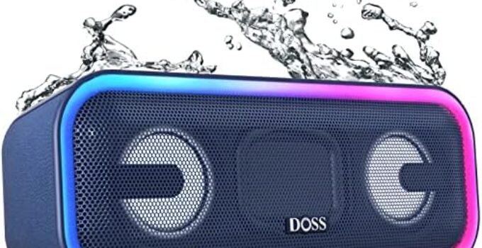 DOSS Bluetooth Speaker, SoundBox Pro+ Wireless Bluetooth Speaker with 24W Impressive Sound, Booming Bass, IPX6 Waterproof, 15Hrs Playtime, Wireless Stereo Pairing, Mixed Colors Lights, 66 FT – Blue