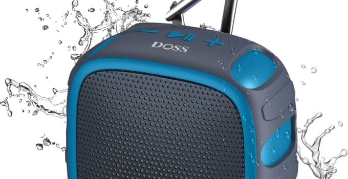 DOSS Waterproof Bluetooth Speaker with Big Sound, 22H Playtime, IP67 Rated Waterproof and Dustproof, Durable Carabiner, Portable Outdoor Speaker for Beach, Camping, Hiking, Backpack, Shower-Blue