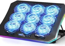 KeiBn Upgraded Laptop Cooling Pad, Gaming Laptop Fan Cooling Pad with 9 Quiet Fans, RGB Laptop Cooler for 15.6-17.3 Inch, Cooling Pad for Laptop with 7 Height Stands, 2 USB Ports, Phone Stand-Blue