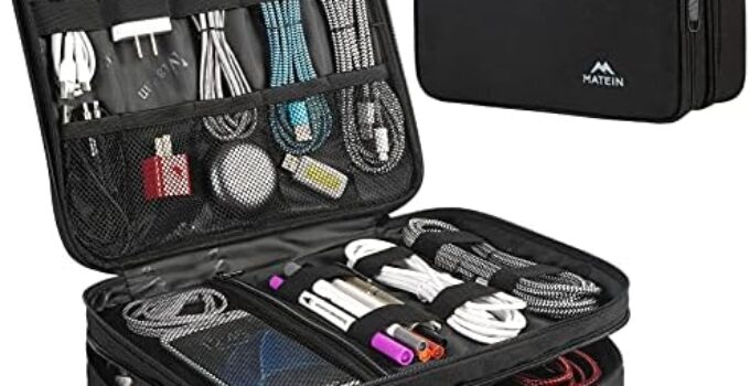 MATEIN Cable Organizer Bag, Large Travel Storage Bag Durable Tool Case with Handle for Cellphone Cord Electronics Accessories, Carrying Tech Bag for IPad (Up to 12.9inch), Powerbank, Hard Drive, Black