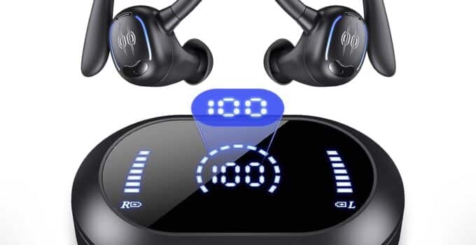 PSIER Wireless Earbuds Bluetooth Headphones 50Hrs Playback Ear Buds IPX7 Waterproof Sports Earphones Dual Power Display with Earhooks Built in Mic Clear Calls Over Ear Earbuds for Running Workout Gym