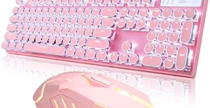 Retro Typewriter Keyboard and Mouse Combo, Cute Pink Keyboard with Linear Red Switches, Full Size Wired Mechanical Gaming Keyboard, Cool Light Up Keyboard and Mouse for Gaming,Work,Mac,PC,Windows