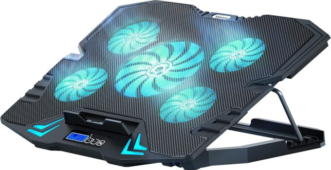 TopMate C5 Laptop Cooling Pad Gaming Notebook Cooler, Laptop Fan Cooling Stand Adjustable Height with 5 Quiet Fans Ice Blue LED Light, Computer Chill Mat with LCD Controller, for 10-15.6 Inch Laptops
